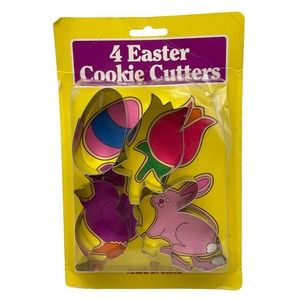 Vintage Easter Cookie Cutters Set Of Four + Recipes Aluminum Display Made In USA